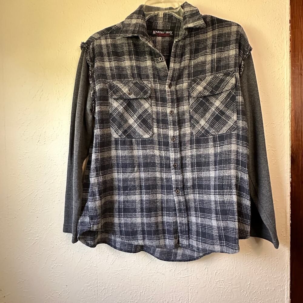 Marino Bay Natural Cut-Off Flannel Shirt Thermal Sleeves Navy/Charcoal Plaid Med